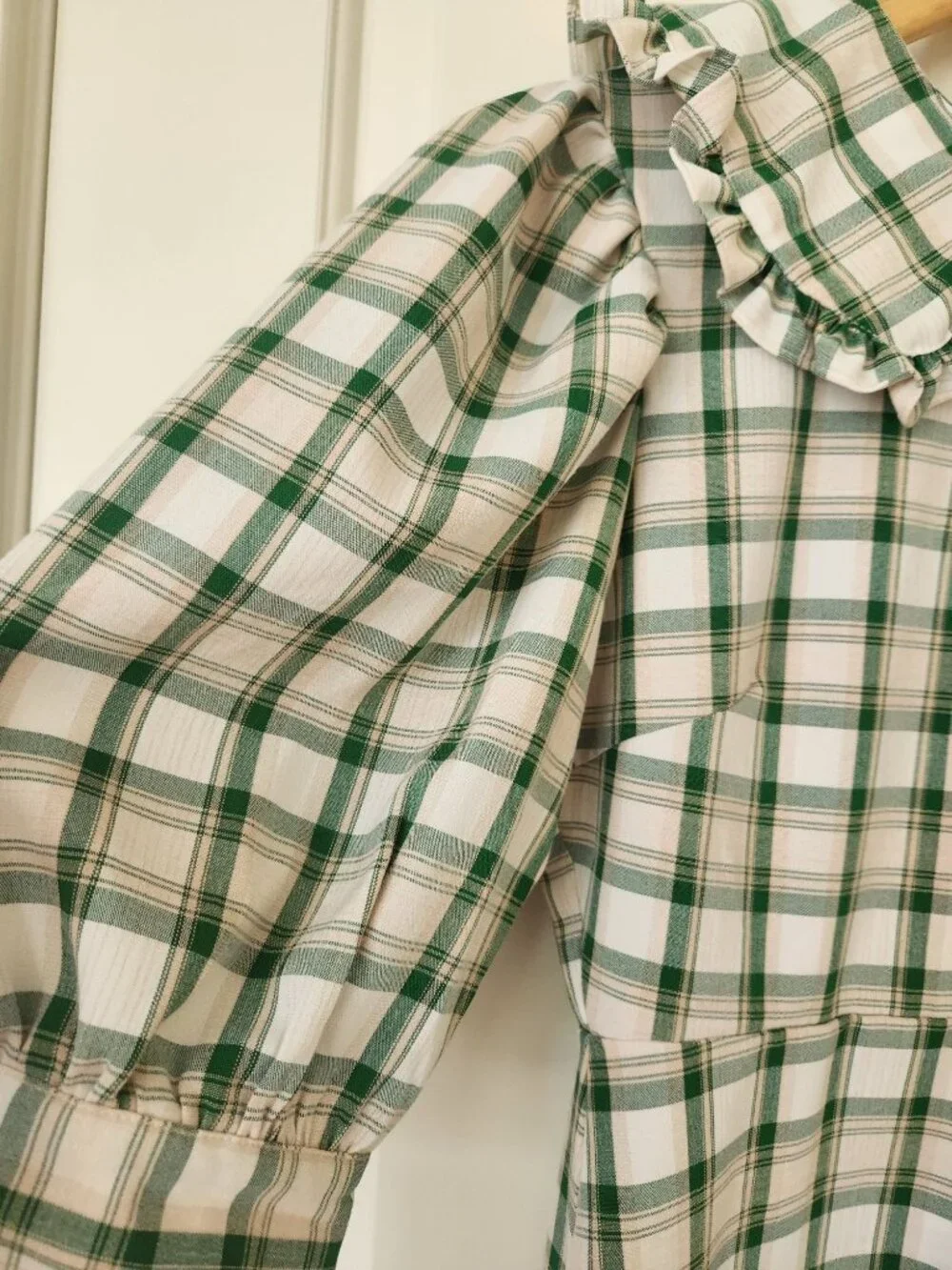 Nasty Gal Plaid Check Mini Dress Green Cream Ruffled Coquette Romantic Cottage - Picture 5 of 11